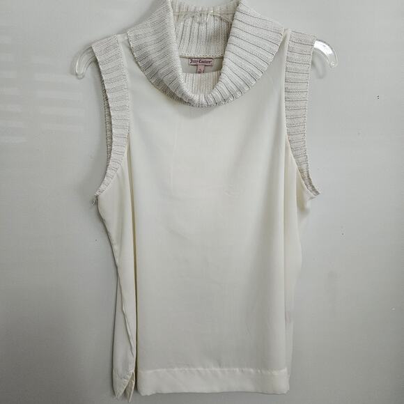 Juicy Couture Size L Ivory Sleeveless Cowl Neck Shirt Top Sweater Metallic Trim - Picture 1 of 9